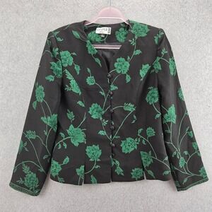 KASPER ASL Blazer Women 8 Black Green Floral Button Front Professional Career